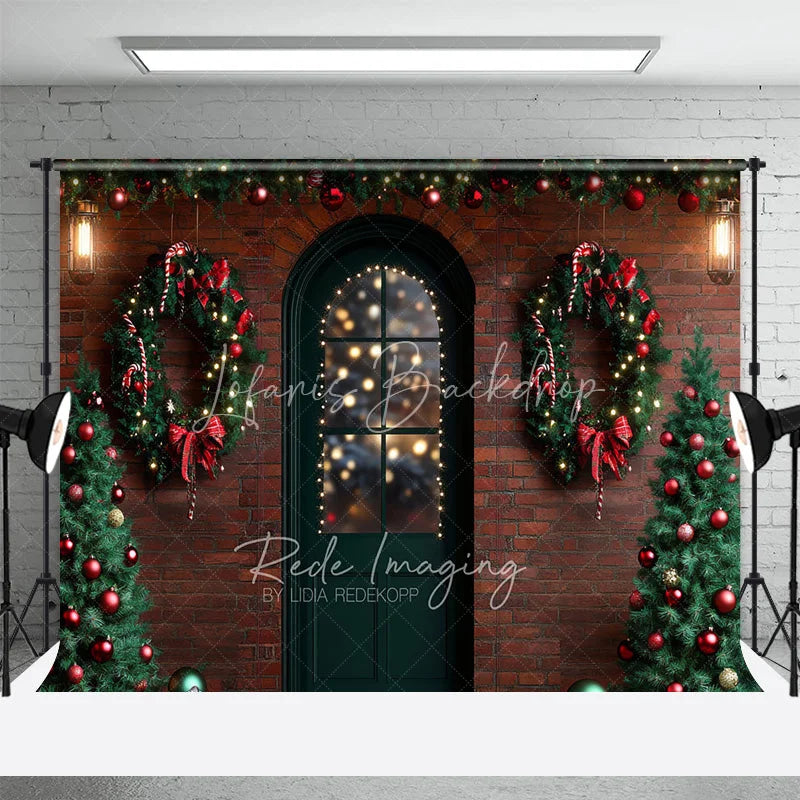 Lofaris Christmas Front Door Backdrop Red Brick Wall Wreath Photography Background Winter Snow Entrance Holiday Party Decoration