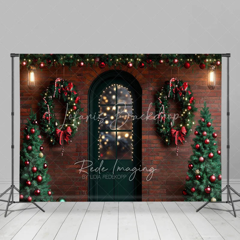 Lofaris Christmas Front Door Backdrop Red Brick Wall Wreath Photography Background Winter Snow Entrance Holiday Party Decoration