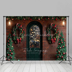 Lofaris Christmas Front Door Backdrop Red Brick Wall Wreath Photography Background Winter Snow Entrance Holiday Party Decoration