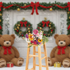 Lofaris Christmas Front Door Photography Backdrop Teddy Bears in the Snow with Garland Holiday Photo Background