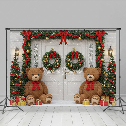 Lofaris Christmas Front Door Photography Backdrop Teddy Bears in the Snow with Garland Holiday Photo Background