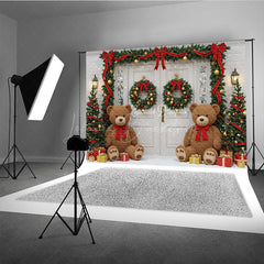 Lofaris Christmas Front Door Photography Backdrop Teddy Bears in the Snow with Garland Holiday Photo Background