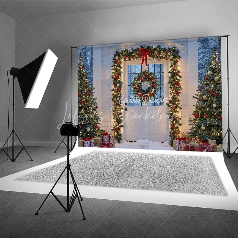 Lofaris Christmas Front Door Photography Backdrop White with Garland and Red Bows Snowy Holiday Photo Background