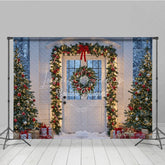 Lofaris Christmas Front Door Photography Backdrop White with Garland and Red Bows Snowy Holiday Photo Background
