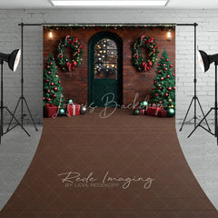 Lofaris Christmas Front Door Sweep Backdrop Red Brick Wall Wreath Photography Background Winter Snow Entrance Holiday Party Decoration
