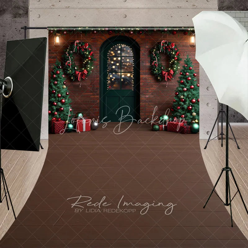 Lofaris Christmas Front Door Sweep Backdrop Red Brick Wall Wreath Photography Background Winter Snow Entrance Holiday Party Decoration