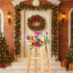 Lofaris Christmas Front Porch Photography Backdrop White Door with Brick Wall and Garland Holiday Photo Background