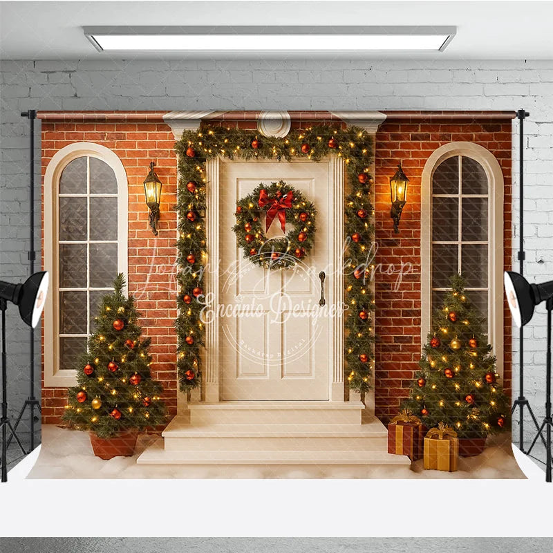 Lofaris Christmas Front Porch Photography Backdrop White Door with Brick Wall and Garland Holiday Photo Background