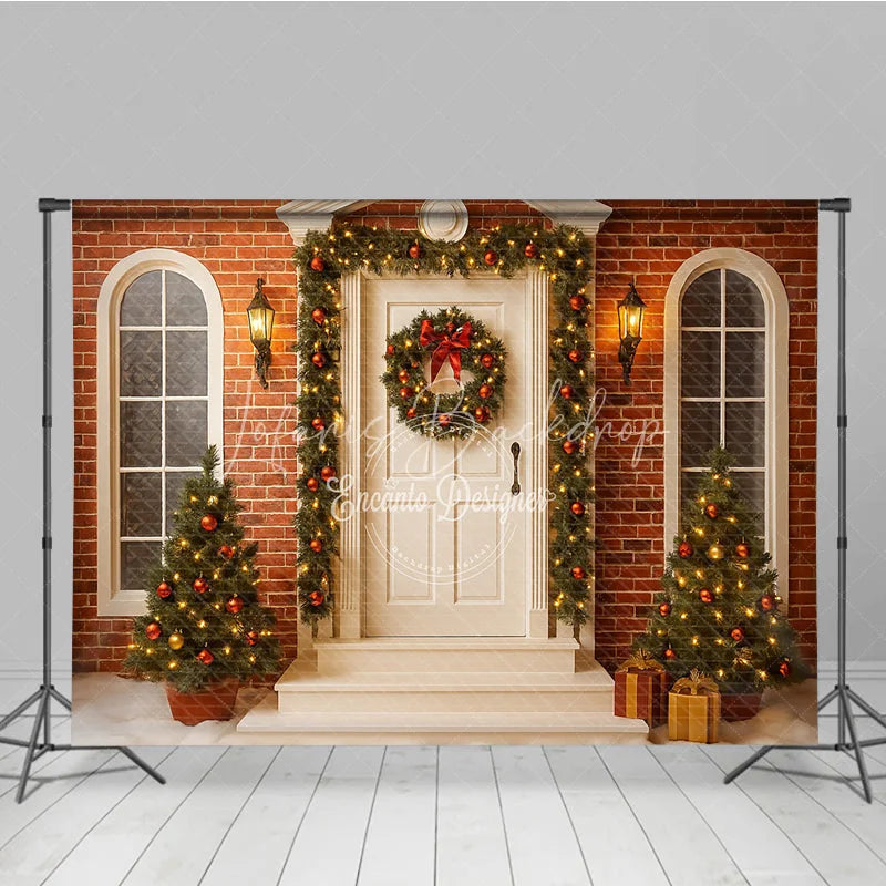 Lofaris Christmas Front Porch Photography Backdrop White Door with Brick Wall and Garland Holiday Photo Background