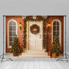 Lofaris Christmas Front Porch Photography Backdrop White Door with Brick Wall and Garland Holiday Photo Background