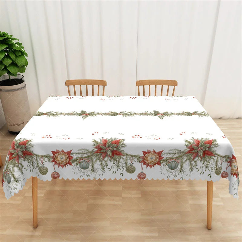 Lofaris Christmas Garland Rectangle Tablecloth White with Pine Branch Berries Elegant Holiday Table Cover