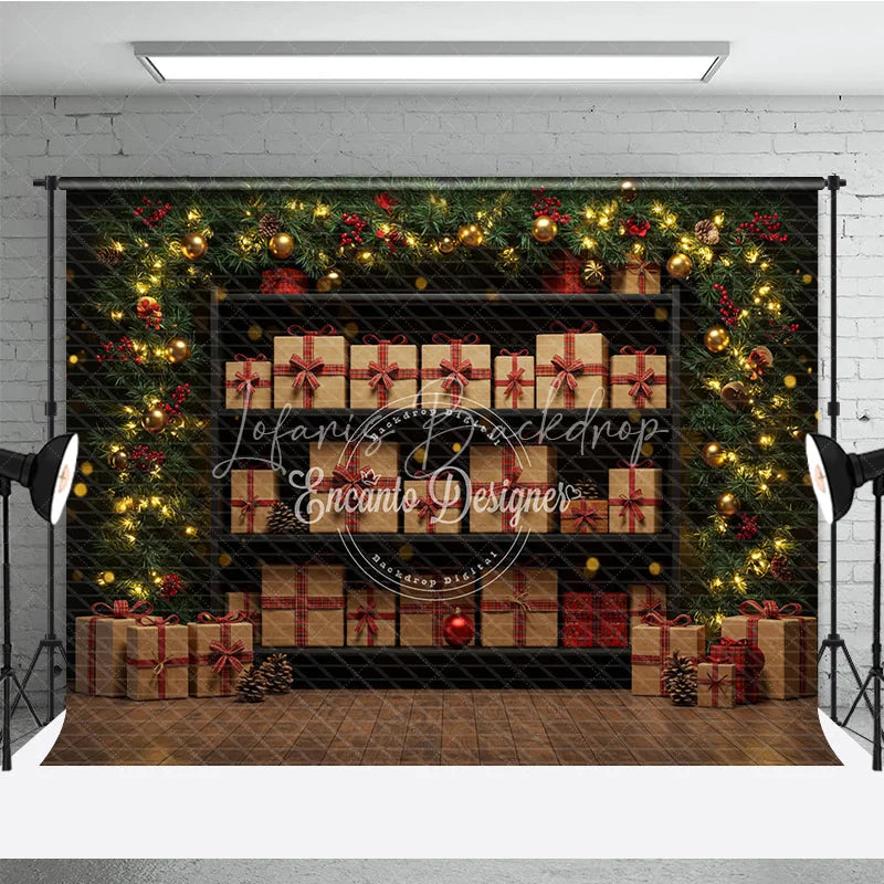 Lofaris Christmas Gift Wall Photography Backdrop Shelves of Presents with Plaid Ribbons Holiday Mini Session Background