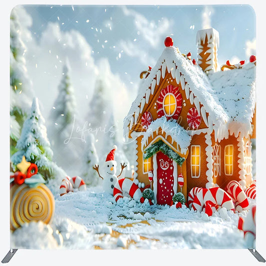 Lofaris Christmas Gingerbread House Double-Sided Tension Fabric Backdrop Winter Candyland Holiday Party Photo Booth