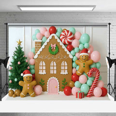 Lofaris Christmas Gingerbread House Photography Backdrop Pastel Balloon Garland and Xmas Tree Kids Holiday Photo Prop