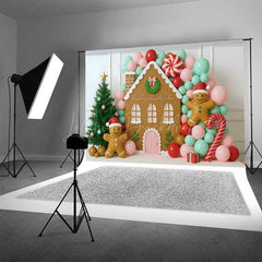 Lofaris Christmas Gingerbread House Photography Backdrop Pastel Balloon Garland and Xmas Tree Kids Holiday Photo Prop