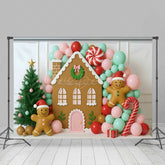 Lofaris Christmas Gingerbread House Photography Backdrop Pastel Balloon Garland and Xmas Tree Kids Holiday Photo Prop