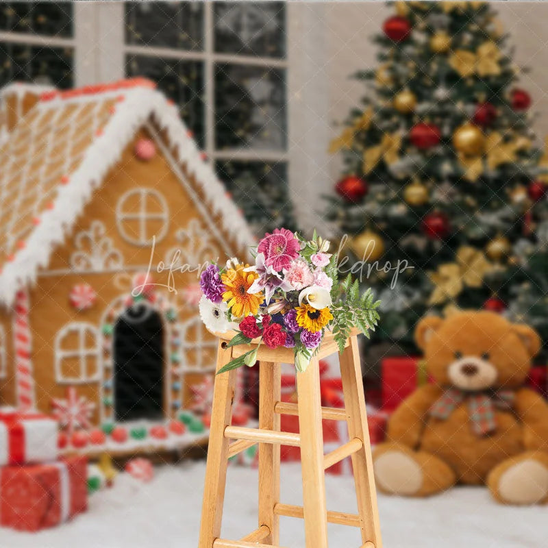 Lofaris Christmas Gingerbread House Photography Backdrop Teddy Bear and Trees Holiday Candyland Mini Session Background