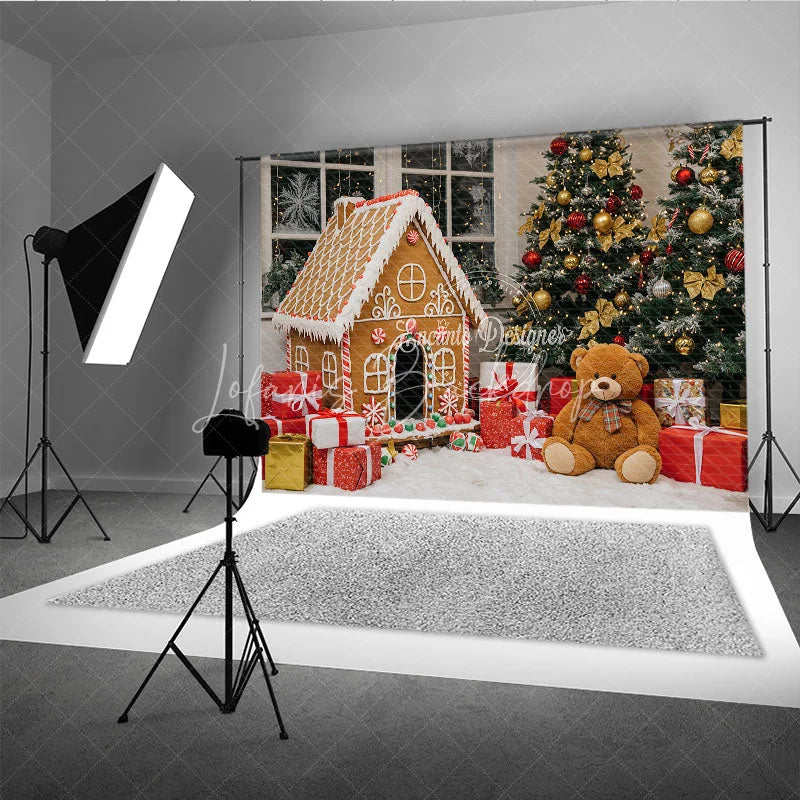 Lofaris Christmas Gingerbread House Photography Backdrop Teddy Bear and Trees Holiday Candyland Mini Session Background