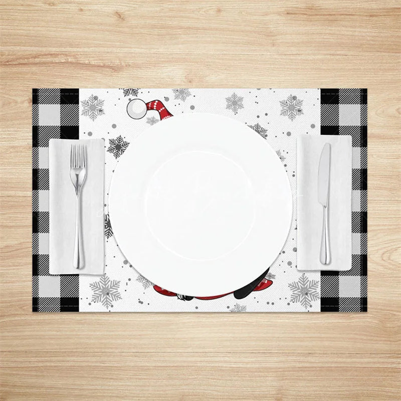 Lofaris Christmas Gnome Set of 4 Placemats Black and White Buffalo Plaid Girl with Snowflakes Table Mats