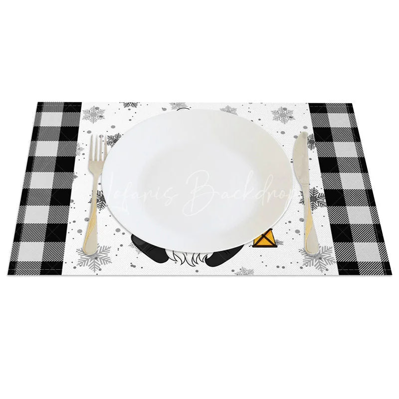 Lofaris Christmas Gnome Set of 4 Placemats Black and White Buffalo Plaid with Lantern Snowflakes Table Mats