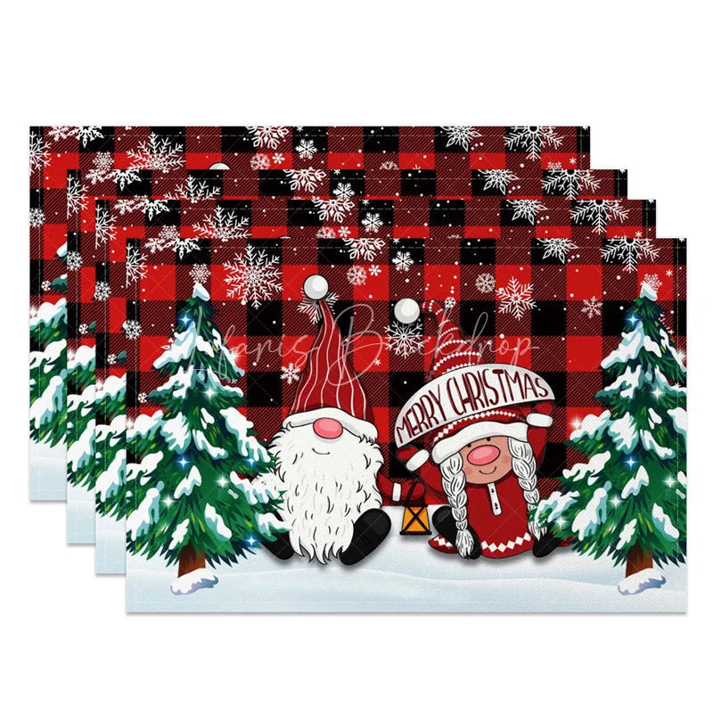 Lofaris Christmas Gnomes Set of 4 Placemats Red Buffalo Plaid Snowy Trees Farmhouse Holiday Table Mats