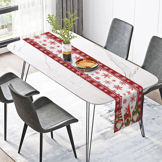 Lofaris Christmas Gnomes with Red Poinsettia Table Runner Festive Snowflake Farmhouse Holiday Dining Decor