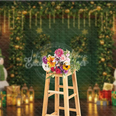 Lofaris Christmas Green Door Photography Backdrop Snowmen with Garland and Lanterns Holiday Mini Session Background