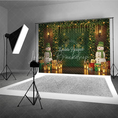 Lofaris Christmas Green Door Photography Backdrop Snowmen with Garland and Lanterns Holiday Mini Session Background