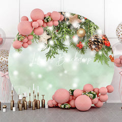 Lofaris Christmas Green Pine Branches and Red Berries Round Backdrop Gold Stars Snowy Winter Holiday Decor