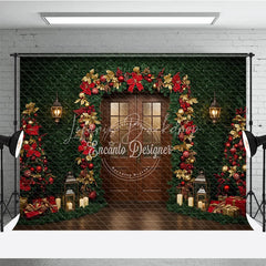 Lofaris Christmas Greenery Wall Photography Backdrop Wood Door with Red and Gold Poinsettia Holiday Photo Background