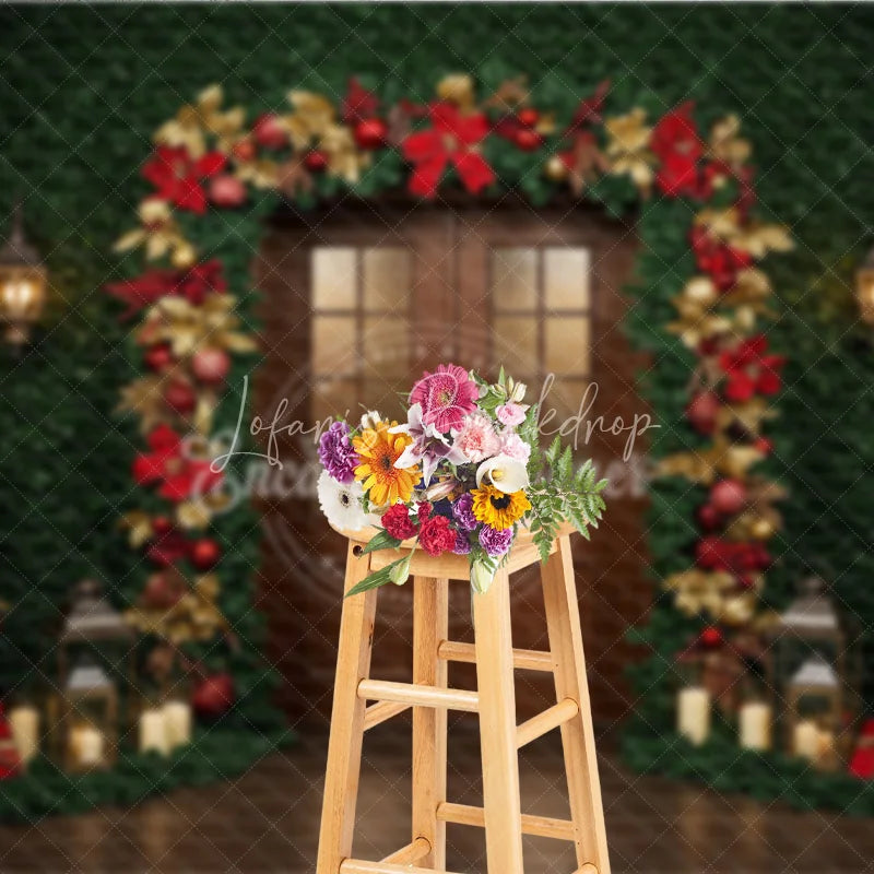 Lofaris Christmas Greenery Wall Photography Backdrop Wood Door with Red and Gold Poinsettia Holiday Photo Background