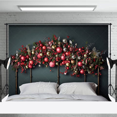 Lofaris Christmas Headboard Photography Backdrop Red Gold and Silver Ornament Garland Elegant Holiday Bedroom Photo Prop