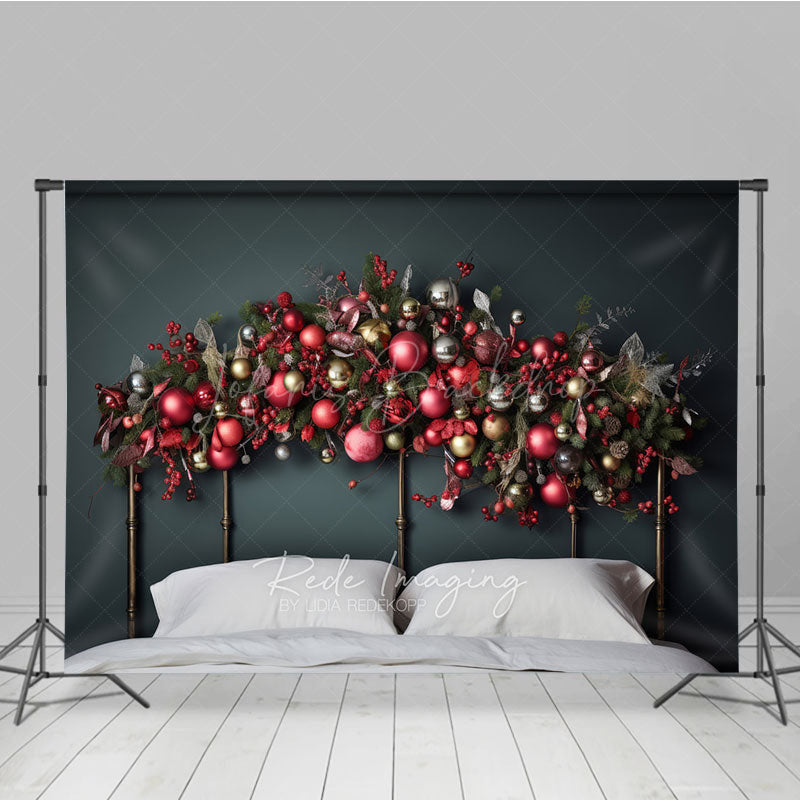 Lofaris Christmas Headboard Photography Backdrop Red Gold and Silver Ornament Garland Elegant Holiday Bedroom Photo Prop