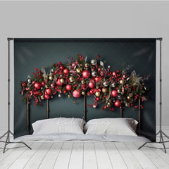 Lofaris Christmas Headboard Photography Backdrop Red Gold and Silver Ornament Garland Elegant Holiday Bedroom Photo Prop