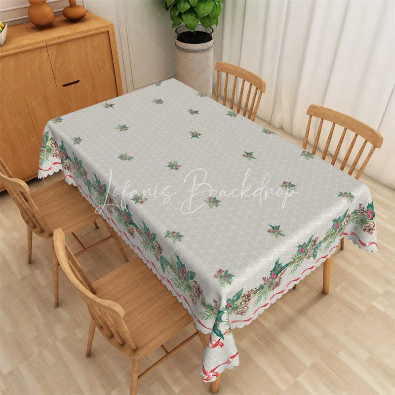 Lofaris Christmas Holly Rectangle Tablecloth Grey with Pinecone Border Farmhouse Holiday Table Cover Decor