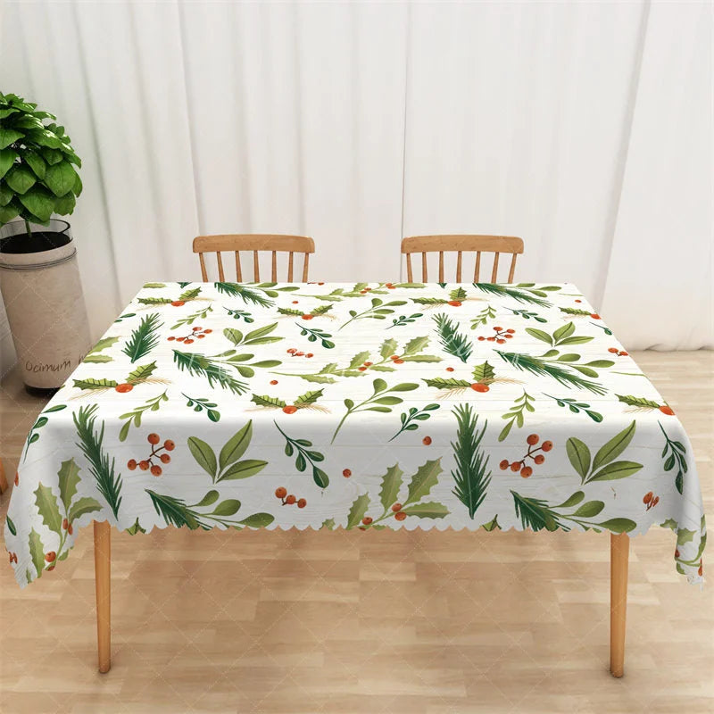 Lofaris Christmas Holly Rectangle Tablecloth White Woodgrain with Pine Branch Farmhouse Holiday Table Cover