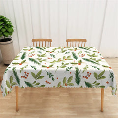 Lofaris Christmas Holly Rectangle Tablecloth White Woodgrain with Pine Branch Farmhouse Holiday Table Cover