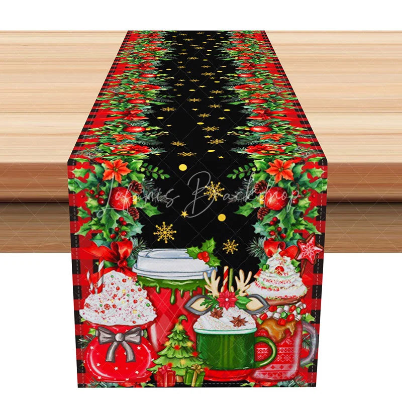 Lofaris Christmas Hot Cocoa Mugs Table Runner Reindeer and Whipped Cream Fun Black Holiday Decor
