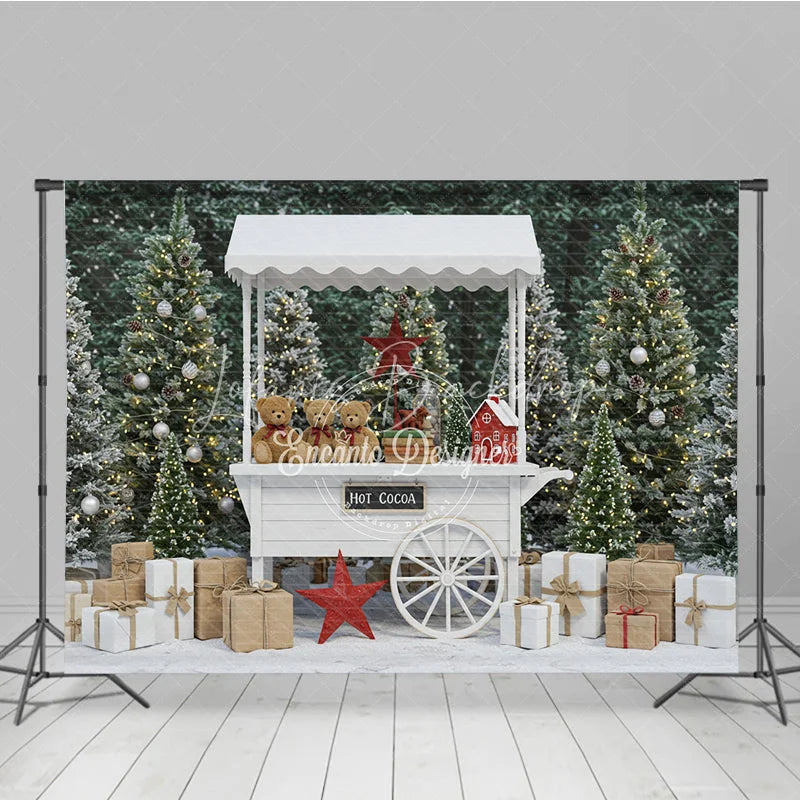 Lofaris Christmas Hot Cocoa Stand Combo Set Backdrop White Cart with Teddy Bears Snowy Cloud Floor for Mini Sessions