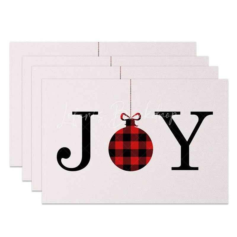 Lofaris Christmas Joy Set of 4 Placemats Red Buffalo Plaid Ornament Modern Farmhouse Holiday Table Mats