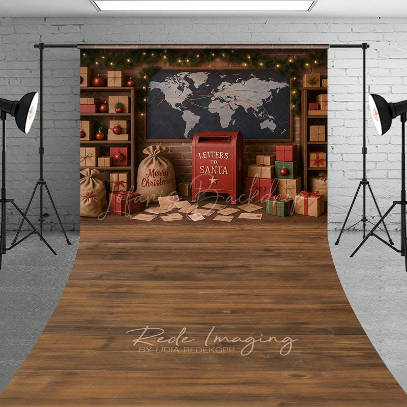 Lofaris Christmas Mailroom Sweep Backdrop Santa’s Workshop with Letters and Packages Holiday Photo Studio Floor Drop