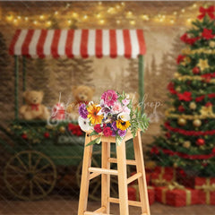 Lofaris Christmas Market Cart Photography Backdrop Teddy Bears and String Lights Rustic Holiday Mini Session Background