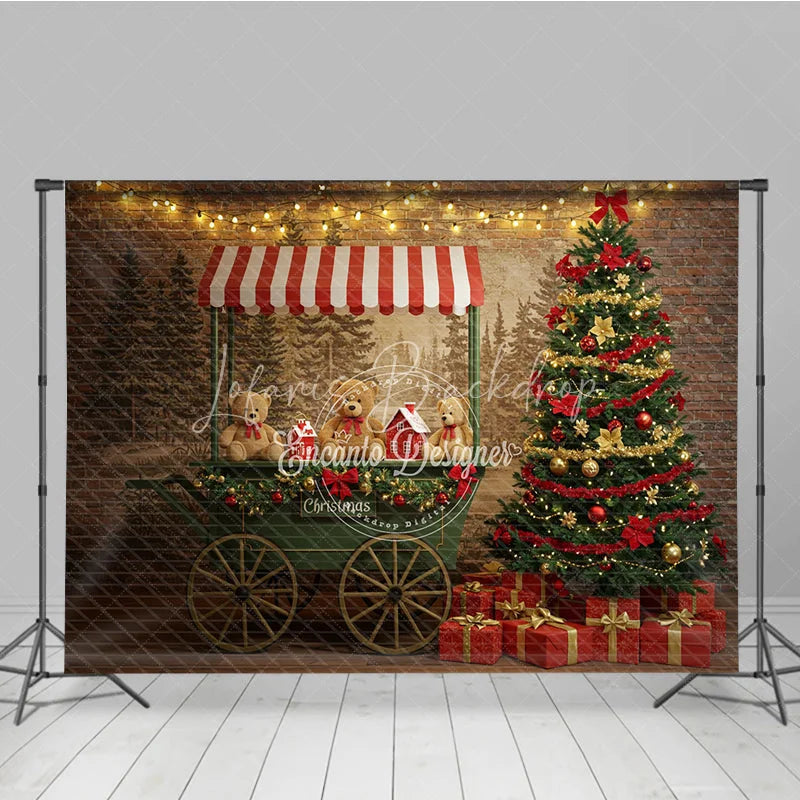 Lofaris Christmas Market Cart Photography Backdrop Teddy Bears and String Lights Rustic Holiday Mini Session Background