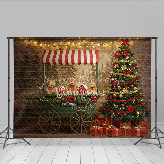 Lofaris Christmas Market Cart Photography Backdrop Teddy Bears and String Lights Rustic Holiday Mini Session Background