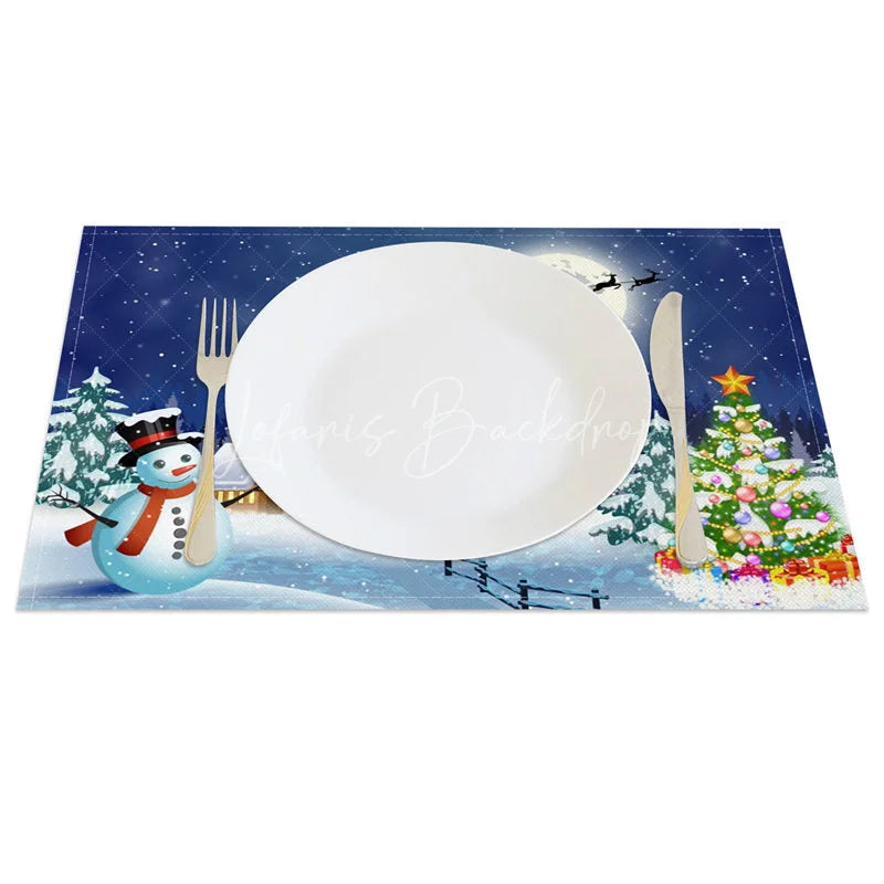 Lofaris Christmas Night Set of 4 Placemats Snowy Village with Snowman Santa Sleigh Winter Scene Table Mats