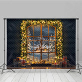 Lofaris Christmas Night Window Photography Backdrop Snowy Village View with Garland Cozy Holiday Mini Session Background