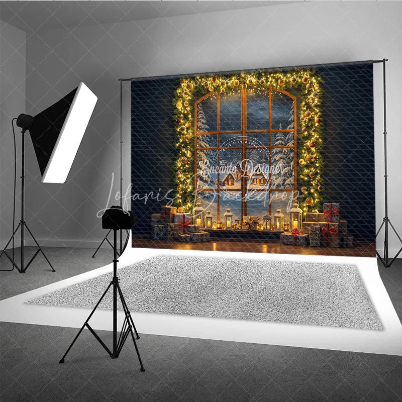 Lofaris Christmas Night Window Photography Backdrop Snowy Village View with Garland Cozy Holiday Mini Session Background