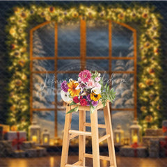 Lofaris Christmas Night Window Photography Backdrop Snowy Village View with Garland Cozy Holiday Mini Session Background