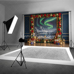 Lofaris Christmas Northern Lights Photography Backdrop Aurora Borealis Painting with Poinsettias Holiday Photo Background