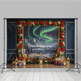 Lofaris Christmas Northern Lights Photography Backdrop Aurora Borealis Painting with Poinsettias Holiday Photo Background